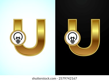 English letter U with electric bulb in gold color, Creative idea logo concept