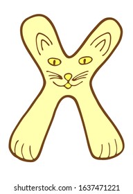 English letter X with cat in doodles style. Kids font vector Illustration on a white background.