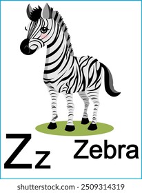 English letter Z and cute cartoon zebra in full growth for teaching primary school children the English alphabet Vector