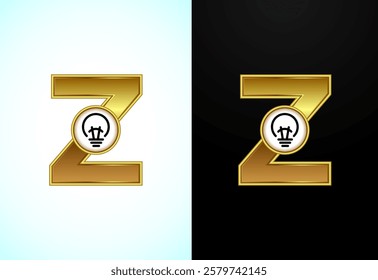 English letter Z with electric bulb in gold color, Creative idea logo concept