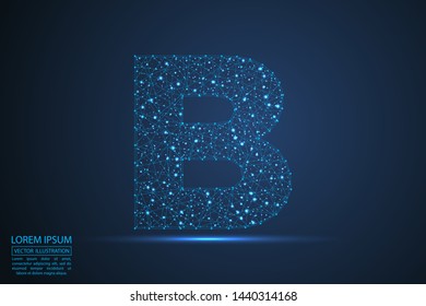 English letters abstract font consists 3d of triangles, lines, dots and connections. On a dark blue background cosmic universe stars, meteorites, galaxies. Vector illustration EPS 10.
