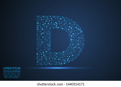 English letters abstract font consists 3d of triangles, lines, dots and connections. On a dark blue background cosmic universe stars, meteorites, galaxies. Vector illustration EPS 10.