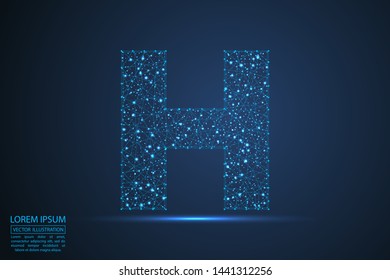English letters abstract font consists 3d of triangles, lines, dots and connections. On a dark blue background cosmic universe stars, meteorites, galaxies. Vector illustration EPS 10.
