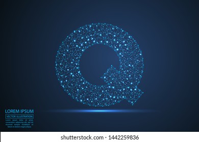 English letters abstract font consists 3d of triangles, lines, dots and connections. On a dark blue background cosmic universe stars, meteorites, galaxies. Vector illustration EPS 10.