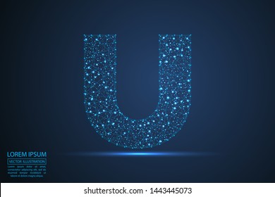 English letters abstract font consists 3d of triangles, lines, dots and connections. On a dark blue background cosmic universe stars, meteorites, galaxies. Vector illustration EPS 10.