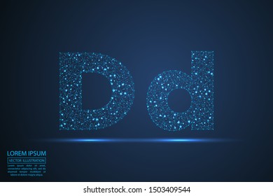 English letters abstract font consists 3d of triangles, lines, dots and connections. On a dark blue background cosmic universe stars, meteorites, galaxies. Vector illustration EPS 10.