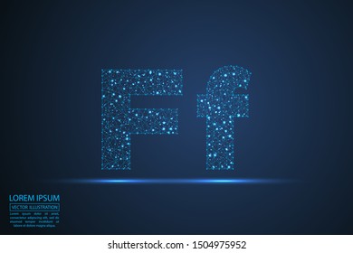 English letters abstract font consists 3d of triangles, lines, dots and connections. On a dark blue background cosmic universe stars, meteorites, galaxies. Vector illustration EPS 10.