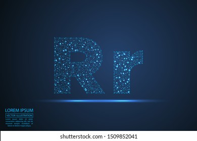 English letters abstract font consists 3d of triangles, lines, dots and connections. On a dark blue background cosmic universe stars, meteorites, galaxies. Vector illustration EPS 10.