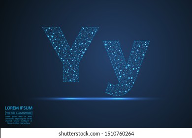 English letters abstract font consists 3d of triangles, lines, dots and connections. On a dark blue background cosmic universe stars, meteorites, galaxies. Vector illustration EPS 10.