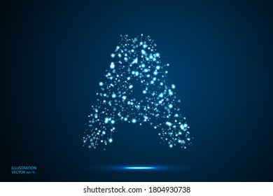 English letters abstract font consists 3d of triangles, lines, dots and connections. On a dark blue background cosmic universe stars, meteorites, galaxies. Vector illustration EPS 10.