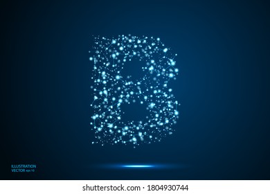 English letters abstract font consists 3d of triangles, lines, dots and connections. On a dark blue background cosmic universe stars, meteorites, galaxies. Vector illustration EPS 10.