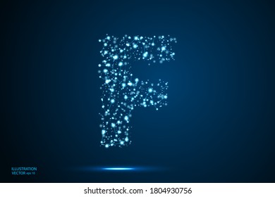 English letters abstract font consists 3d of triangles, lines, dots and connections. On a dark blue background cosmic universe stars, meteorites, galaxies. Vector illustration EPS 10.
