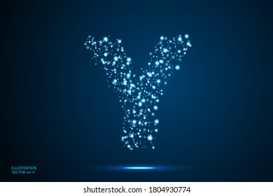 English letters abstract font consists 3d of triangles, lines, dots and connections. On a dark blue background cosmic universe stars, meteorites, galaxies. Vector illustration EPS 10.