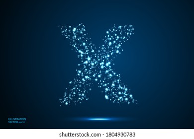 English letters abstract font consists 3d of triangles, lines, dots and connections. On a dark blue background cosmic universe stars, meteorites, galaxies. Vector illustration EPS 10.