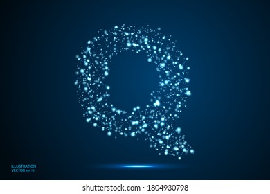 English letters abstract font consists 3d of triangles, lines, dots and connections. On a dark blue background cosmic universe stars, meteorites, galaxies. Vector illustration EPS 10.