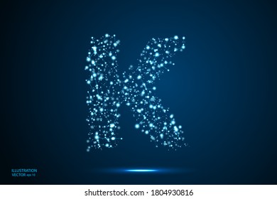 English letters abstract font consists 3d of triangles, lines, dots and connections. On a dark blue background cosmic universe stars, meteorites, galaxies. Vector illustration EPS 10.