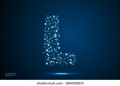 English letters abstract font consists 3d of triangles, lines, dots and connections. On a dark blue background cosmic universe stars, meteorites, galaxies. Vector illustration EPS 10.
