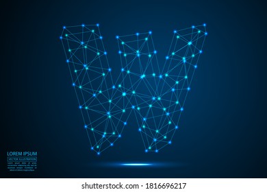 English letters abstract font consists 3d of triangles, lines, dots and connections. On a dark blue background cosmic universe stars, meteorites, galaxies. Vector illustration EPS 10.