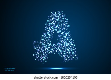 English letters abstract font consists 3d of triangles, lines, dots and connections. On a dark blue background cosmic universe stars, meteorites, galaxies. Vector illustration EPS 10.