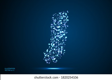 English letters abstract font consists 3d of triangles, lines, dots and connections. On a dark blue background cosmic universe stars, meteorites, galaxies. Vector illustration EPS 10.