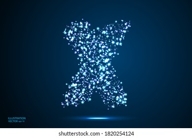 English letters abstract font consists 3d of triangles, lines, dots and connections. On a dark blue background cosmic universe stars, meteorites, galaxies. Vector illustration EPS 10.