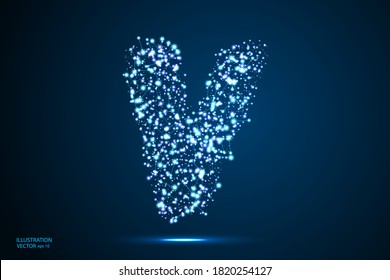 English letters abstract font consists 3d of triangles, lines, dots and connections. On a dark blue background cosmic universe stars, meteorites, galaxies. Vector illustration EPS 10.