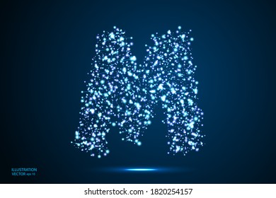 English letters abstract font consists 3d of triangles, lines, dots and connections. On a dark blue background cosmic universe stars, meteorites, galaxies. Vector illustration EPS 10.