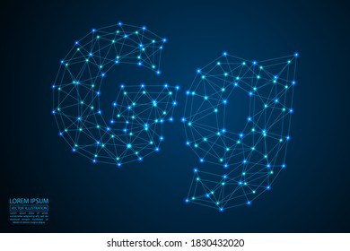 English letters abstract font consists 3d of triangles, lines, dots and connections. On a dark blue background cosmic universe stars, meteorites, galaxies. Vector illustration EPS 10.
