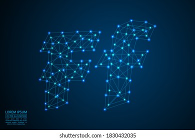 English letters abstract font consists 3d of triangles, lines, dots and connections. On a dark blue background cosmic universe stars, meteorites, galaxies. Vector illustration EPS 10.