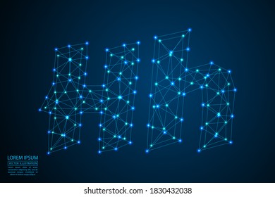 English letters abstract font consists 3d of triangles, lines, dots and connections. On a dark blue background cosmic universe stars, meteorites, galaxies. Vector illustration EPS 10.