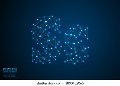 English letters abstract font consists 3d of triangles, lines, dots and connections. On a dark blue background cosmic universe stars, meteorites, galaxies. Vector illustration EPS 10.