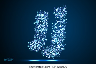 English letters abstract font consists 3d of triangles, lines, dots and connections. On a dark blue background cosmic universe stars, meteorites, galaxies. Vector illustration EPS 10.