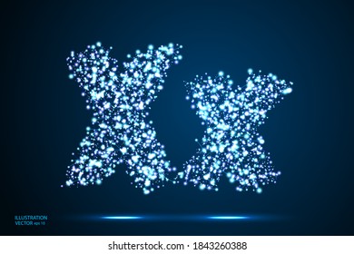 English letters abstract font consists 3d of triangles, lines, dots and connections. On a dark blue background cosmic universe stars, meteorites, galaxies. Vector illustration EPS 10.