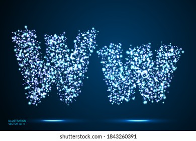 English letters abstract font consists 3d of triangles, lines, dots and connections. On a dark blue background cosmic universe stars, meteorites, galaxies. Vector illustration EPS 10.