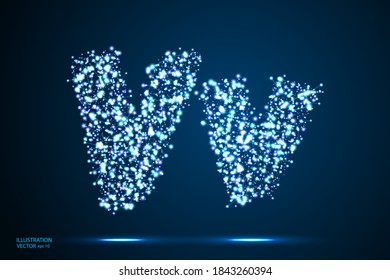 English letters abstract font consists 3d of triangles, lines, dots and connections. On a dark blue background cosmic universe stars, meteorites, galaxies. Vector illustration EPS 10.