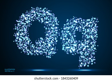 English letters abstract font consists 3d of triangles, lines, dots and connections. On a dark blue background cosmic universe stars, meteorites, galaxies. Vector illustration EPS 10.