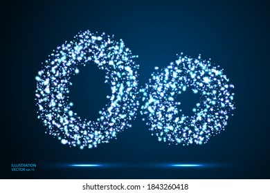English letters abstract font consists 3d of triangles, lines, dots and connections. On a dark blue background cosmic universe stars, meteorites, galaxies. Vector illustration EPS 10.