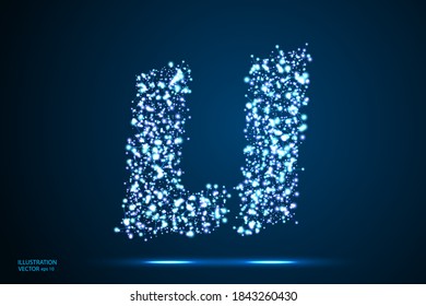 English letters abstract font consists 3d of triangles, lines, dots and connections. On a dark blue background cosmic universe stars, meteorites, galaxies. Vector illustration EPS 10.