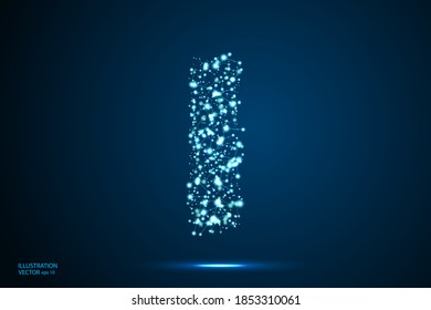 English letters abstract font consists 3d of triangles, lines, dots and connections. On a dark blue background cosmic universe stars, meteorites, galaxies. Vector illustration EPS 10.