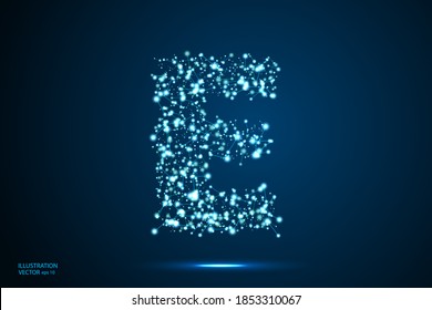 English letters abstract font consists 3d of triangles, lines, dots and connections. On a dark blue background cosmic universe stars, meteorites, galaxies. Vector illustration EPS 10.