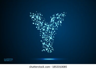 English letters abstract font consists 3d of triangles, lines, dots and connections. On a dark blue background cosmic universe stars, meteorites, galaxies. Vector illustration EPS 10.