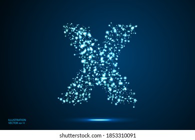 English letters abstract font consists 3d of triangles, lines, dots and connections. On a dark blue background cosmic universe stars, meteorites, galaxies. Vector illustration EPS 10.