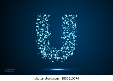 English letters abstract font consists 3d of triangles, lines, dots and connections. On a dark blue background cosmic universe stars, meteorites, galaxies. Vector illustration EPS 10.