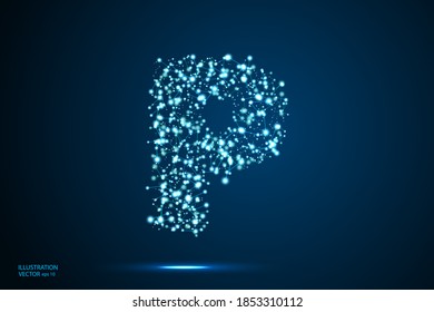 English letters abstract font consists 3d of triangles, lines, dots and connections. On a dark blue background cosmic universe stars, meteorites, galaxies. Vector illustration EPS 10.