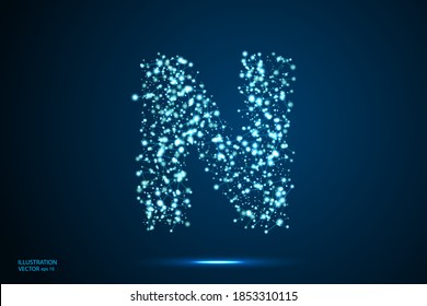 English letters abstract font consists 3d of triangles, lines, dots and connections. On a dark blue background cosmic universe stars, meteorites, galaxies. Vector illustration EPS 10.
