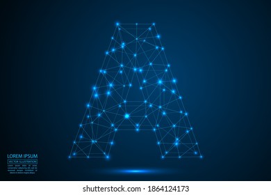 English letters abstract font consists 3d of triangles, lines, dots and connections. On a dark blue background cosmic universe stars, meteorites, galaxies. Vector illustration EPS 10.