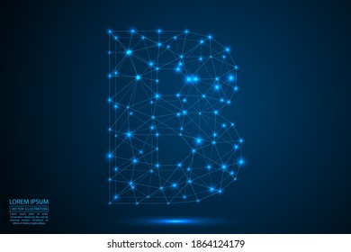 English letters abstract font consists 3d of triangles, lines, dots and connections. On a dark blue background cosmic universe stars, meteorites, galaxies. Vector illustration EPS 10.