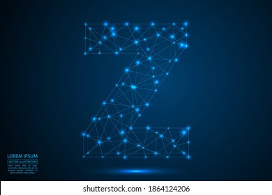 English letters abstract font consists 3d of triangles, lines, dots and connections. On a dark blue background cosmic universe stars, meteorites, galaxies. Vector illustration EPS 10.