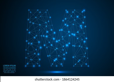 English letters abstract font consists 3d of triangles, lines, dots and connections. On a dark blue background cosmic universe stars, meteorites, galaxies. Vector illustration EPS 10.