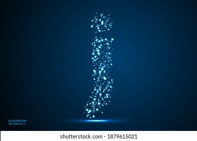 English letters abstract font consists 3d of triangles, lines, dots and connections. On a dark blue background cosmic universe stars, meteorites, galaxies. Vector illustration EPS 10.